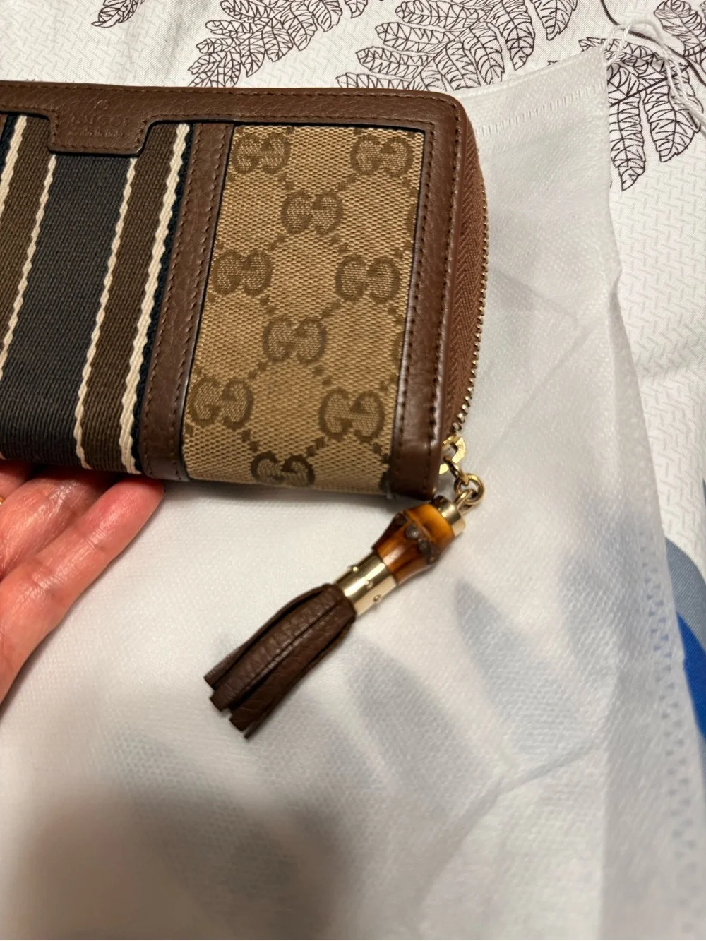 Gucci Brown Monogram Zip Card Holder with Striped Web